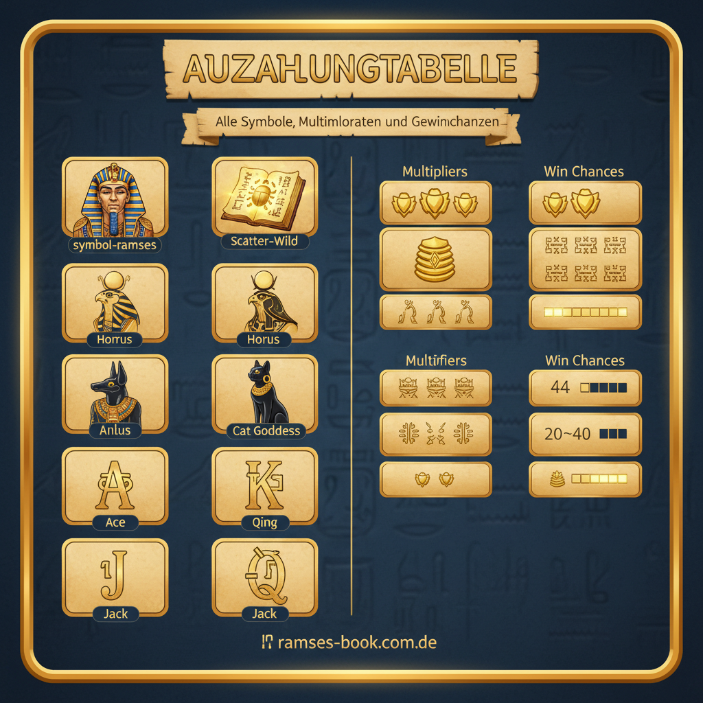 Ramses Book paytable — all symbols and multipliers